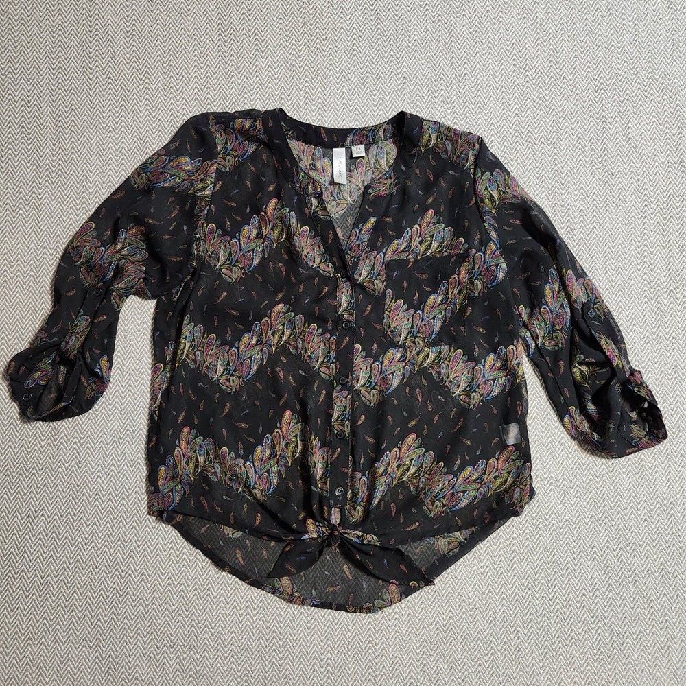 Tacera Women PS Petite Paisley Button Front Tie Hem Roll Tab Sleeve Blouse Black